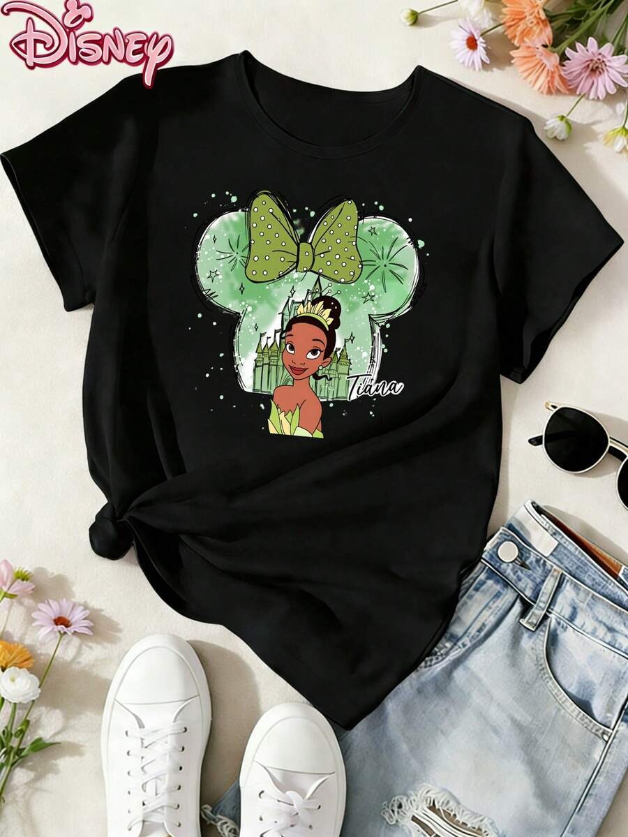 Disney T-Shirt,Disney Ladies T-Shirt Featuring Classic Disney Tiana Princesses Characters Patterns, Made Of Soft, Comfortable And Durable Fabric. A Spring/Summer Round-Neck Short-Sleeved T-Shirt, Suitable For Daily Wear, Shopping, Traveling And Party Outfits. Also A Wonderful Gift,Multiple Colors Are Available For Selection. - màu đen - Xem 1