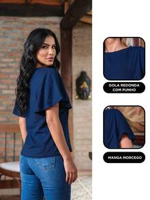 Women's Basic Blouse, 100% Cotton, With Elegant, Comfortable, Lightweight, Stylish, And Modern Godet Sleeves. - 藏蓝色 - 查看 2