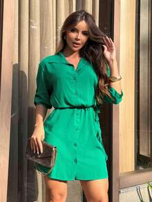 Button-Down Shirt Dress With Sash. - Verde - Ver 7