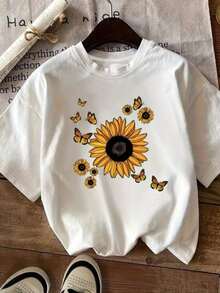 Women's Sunflower Butterfly Shirt, Casual Basic Style, 100% Cotton, Summer Style With Round Neck. - 白色 - 查看 3