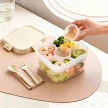 双层透明塑料便当盒，带酱料碟和餐具，密封防漏，可盛放水果沙拉等食物，可重复使用，适合学生和成人用于学校、办公室、旅行、露营、野餐和返校等场合。 - 彩色 - 查看 2