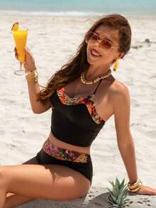 Women's Summer Printed Patchwork Tankini Top & High Waist Swim Bottoms Set, Made Of High-Quality Fabric Vacation - Black - View 4