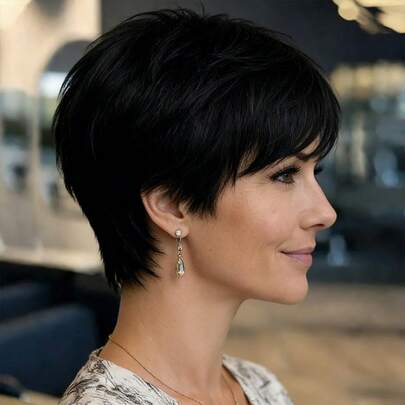 Peluca corta y recta de cabello humano con flequillo | Color natural, densidad del 150%, sin encaje, gorro de red de rosa, 100% cabello humano real para uso diario y de fiesta