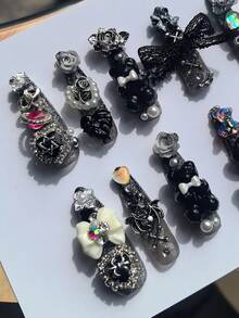 10pcs Gothic Style Nail Stickers, Luxury Unique Silver Gradient Glitter High-End Design, Skull, Metal Rabbit, Rose, Cross, Bow, Pearl, Teddy Bear And Other Punk Metal Y2K Nail Art Elements - Multicolor - View 4