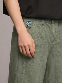 1pc Retro American Style Men's Loose Fit Wide Leg Brown Jeans, Cartoon Elephant Embroidery, Unisex (Belt And Accessories Not Included) - Army Green - View 6