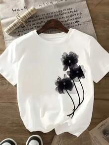 Women's 100% Cotton Casual Unisex T-Shirt With Floral Print And Round Neck, Ideal For Everyday Wear! - trắng - Xem 1
