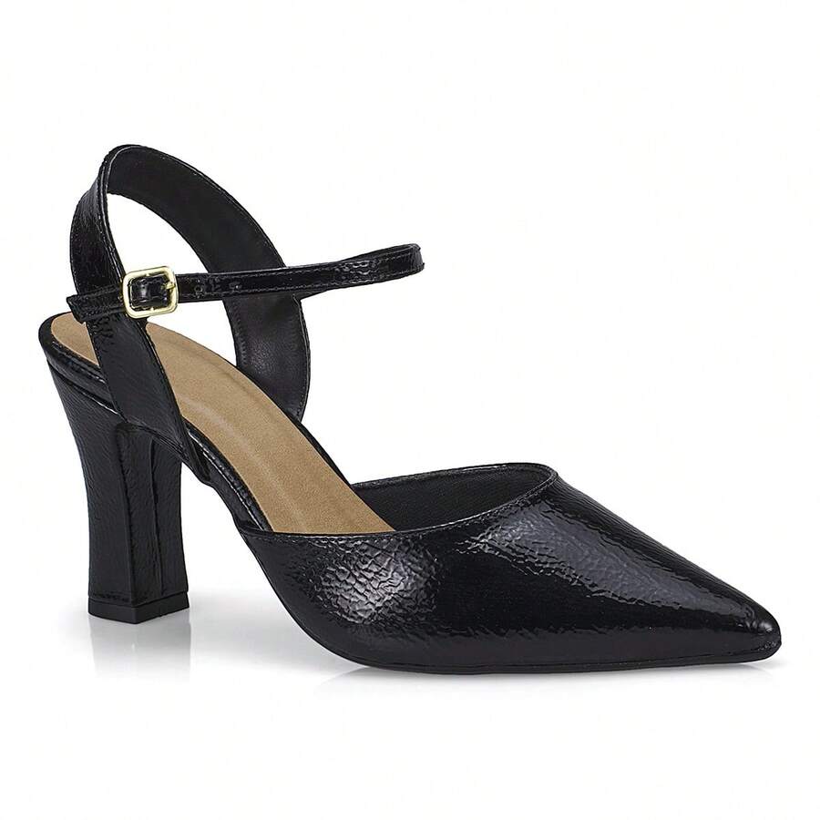 Women's Pointed Toe Dress Pump With Buckle And Block Heel 8588 - Black - View 1