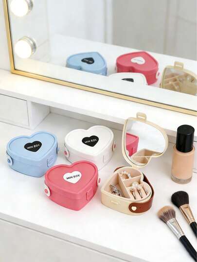1 pieza Joyero con forma de corazón, contenedor de almacenamiento multicompartimento para aretes, collares y anillos con espejo, organizador de accesorios portátil a prueba de polvo