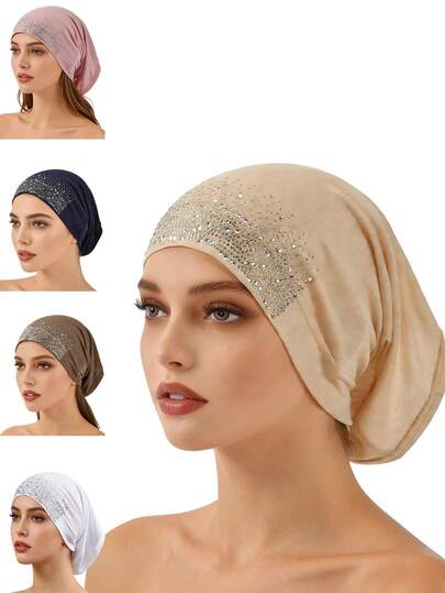 1件装女士水钻装饰弹力发箍帽，简约优雅日常休闲佩戴，化疗帽