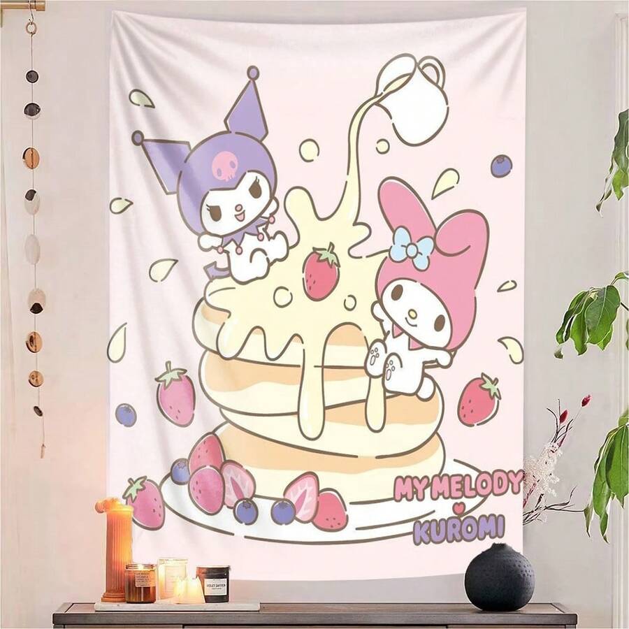 1 Tấm tranh treo tường hình bánh kếp My Melody & Kuromi, dâu tây và siro, trang trí bữa sáng dễ thương kiểu Sanrio cho phòng ngủ và ký túc xá. - Nhiều màu - Xem 1