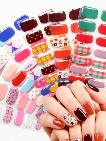 16片复古花卉格子凝胶美甲贴，需配合UV灯使用，持久自粘，甜美秋冬纯色美甲贴纸，适合女性、女孩日常派对DIY美甲