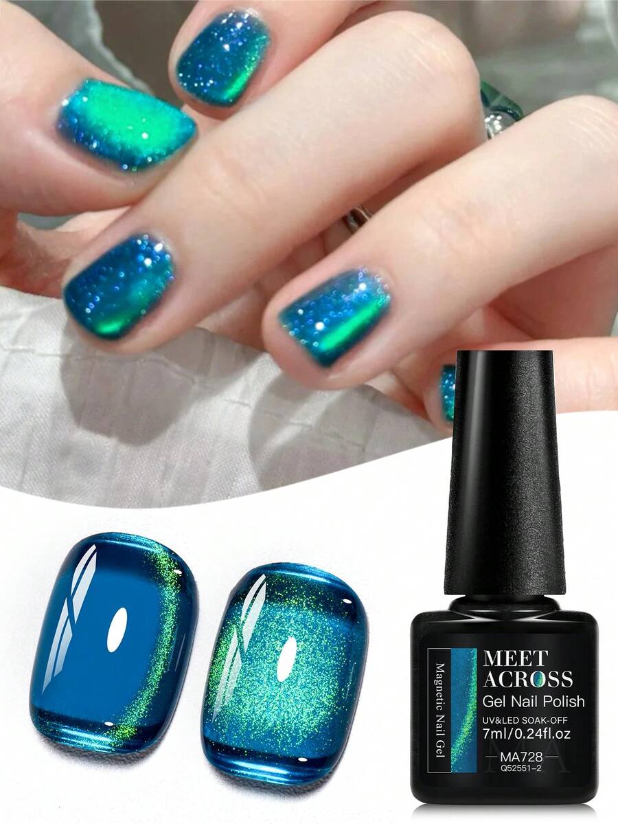 MEET ACROSS 1pc 7ml Jelly Colored Stone Cat Eye Gel Nail Polish, Ultral Shine Gradient Magnetic Semi Permanent Soak Off UV Gel Varnish For Summer Nails, Manicure Nail Art Degign For Home And Salon Nail Supplies - 彩色 - 查看 1