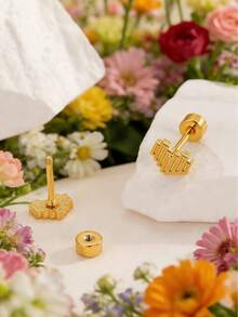 一对金色格子心形纹理耳环，优雅宫廷风格，适合约会、节日、婚礼、伴娘等场合佩戴。 - 金色 - 查看 7