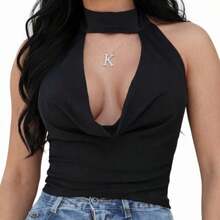 LUNA BLOUSE WITH GODE NECKLINE AND OPEN BACK. Polyester. Open Back / Backless. Transparent. Vacation. Night. Daily. - màu đen - Xem 3