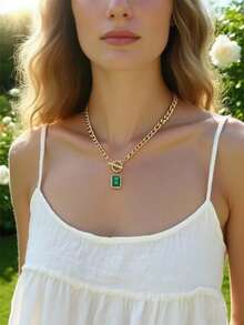 1件优雅方形绿色宝石吊坠项链，适合女性日常休闲、婚礼、派对、节日礼物 - 金色 - 查看 1