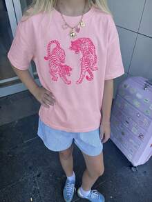 夏季休闲印花圆领短袖T恤，适合女孩和儿童 - Two Tigers 为想要脱颖而出的动物爱好者提供独特的T恤！童装、女孩图案T恤、夏季上衣、青少年服装 - 粉色 - 查看 1