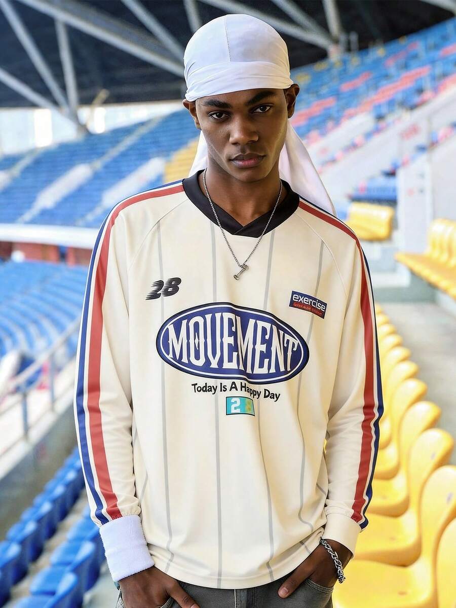 EVRINFINITE 竖条纹数码印花长袖复古棒球运动休闲T恤，秋冬新品 - 杏色 - 查看 1