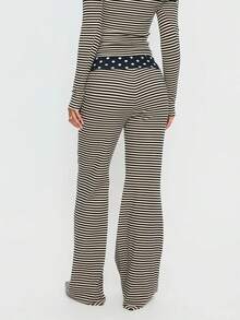 Women's Y2k Stripe Fold Over Pants Fashionable Casual Loose Fit Dot Patchwork Bell Bottom Stretch Straight Leg Trousers - 黑色 - 查看 5