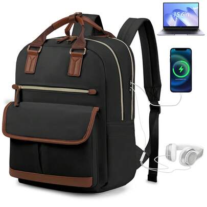 NEWHEY 15.6 Inch Laptop Backpack, Multi-Functional Waterproof Backpack With USB Charging Port, Large Capacity, Suitable For Work, School, Sports, Anti-Theft, Beige/Black