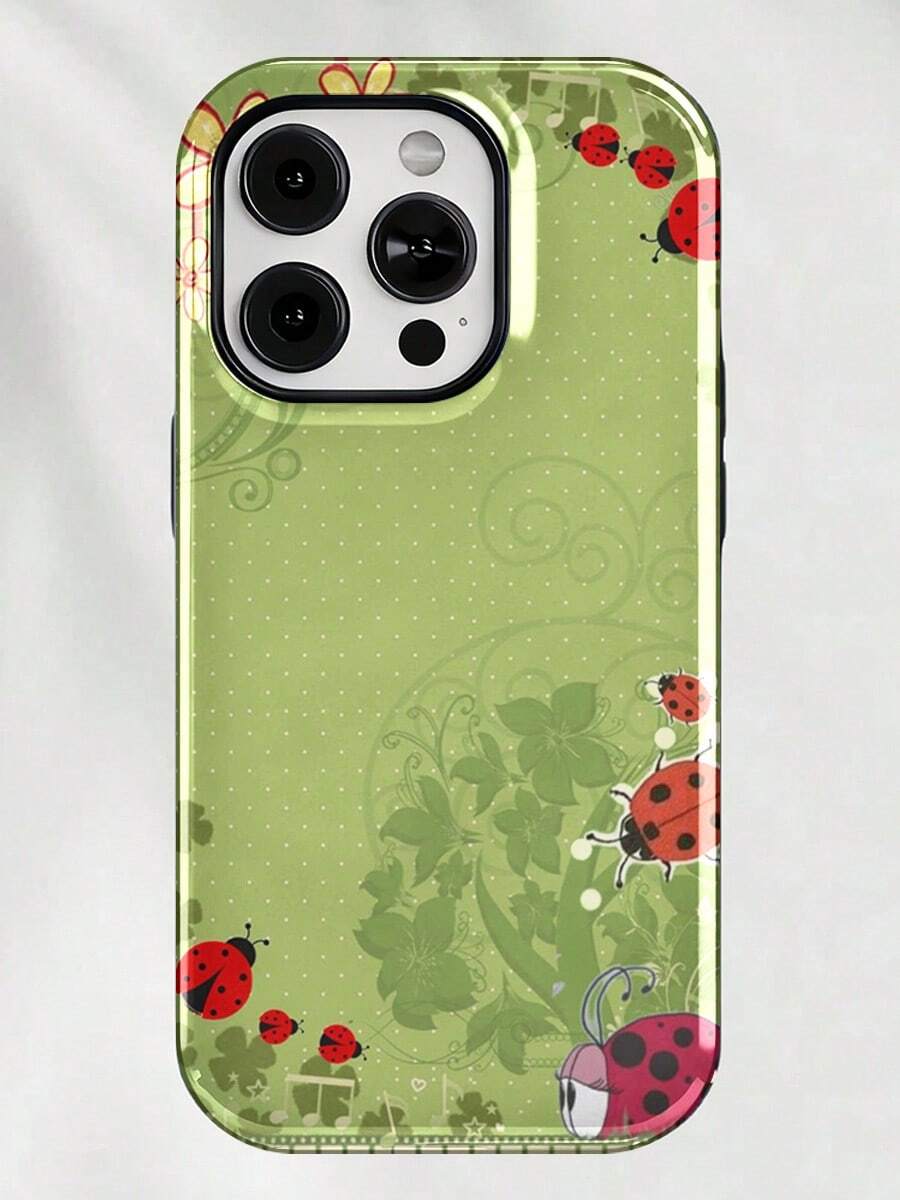 Premium  13 Case High-Quality Ladybugs Flowers Dots Green Floral Pattern That Won't Peel Off Hybrid Shock-Resistant Protective Case High-Quality Apple Phone Case - 彩色 - 查看 1