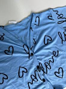 Women's Pajama Set Sleepwear Blouse And Cropped Top With Heart Print, Button-Down Cropped Top, Elastic Waist Pants, Warm Suede, Everyday Wear, Sizes P, M, G, GG, Night Comfort Line - 淺藍色 - 查看 7