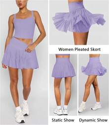 Women's Mini Skirt Skort Flowy Pleated High Waisted Ruffle Tennis Skirts For Women Athletic Skater Golf With Shorts Pockets - Purple - View 3