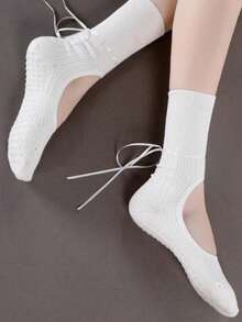 1 Pair Ballet Style Feather Textured Round Neck Yoga Socks With Bow, Women's Non-Slip Grip Yoga Dance Fitness Socks, Breathable Ankle Support Design - Multicolor - View 5