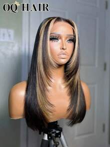 OQ 200% Density 16-24 Inch High Gloss Color Pre-Cut 7x5 Transparent Lace Front Straight Hair Layered Cut Glue-Free Wearable Wig Pre-Trimmed Hairline Human Hair Low Shedding Seamless Invisible - SNATURAL/27 - View 5
