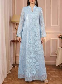 Women's Elegant Kaftan Robe, V-Neck, Embroidered, Beaded, Long Jalabiya Robe, Suitable For Banquet, Date, Daily Wear, And Home - Blue - View 1