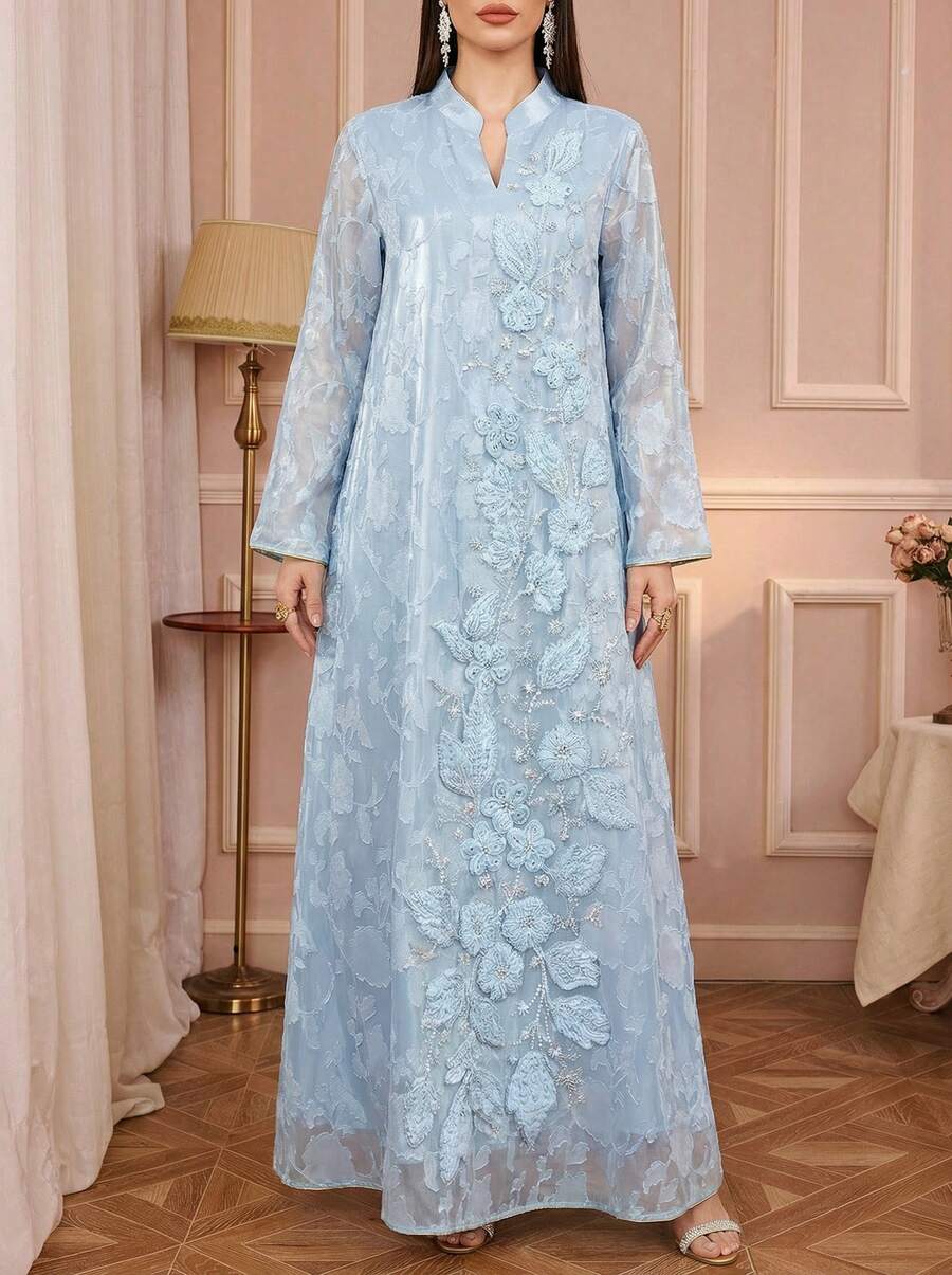 Women's Elegant Kaftan Robe, V-Neck, Embroidered, Beaded, Long Jalabiya Robe, Suitable For Banquet, Date, Daily Wear, And Home - Blue - View 1