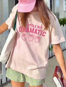 1pc Girls Casual Strawberry Print Round Neck Short Sleeve T-Shirt, Summer Student Young Children Clothing - Pink - View 2
