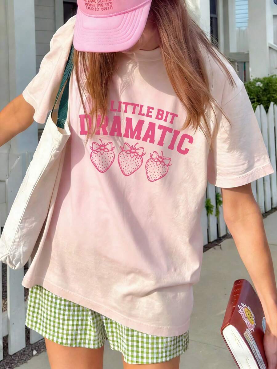 1件女童休闲草莓印花圆领短袖T恤，夏季学生童装 - 粉色 - 查看 1