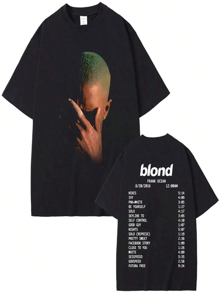 Rapper Frank's Fashion Retro Pattern T-Shirt, Unisex Ocean Hip Hop  T-Shirt, Blonde Hair T-Shirt, Valentine's Day Outing Top, Concert Outfit - 黑色 - 查看 1
