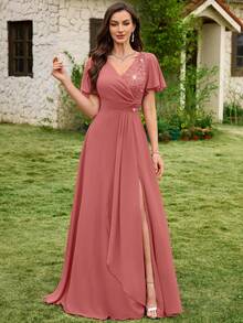 MIUSOL V-Neck Sequin Floral Lace Patchwork Chiffon Ruffle Sleeve Side Slit Maxi Evening Party Dress Spring Wedding - Dusty Pink - View 2