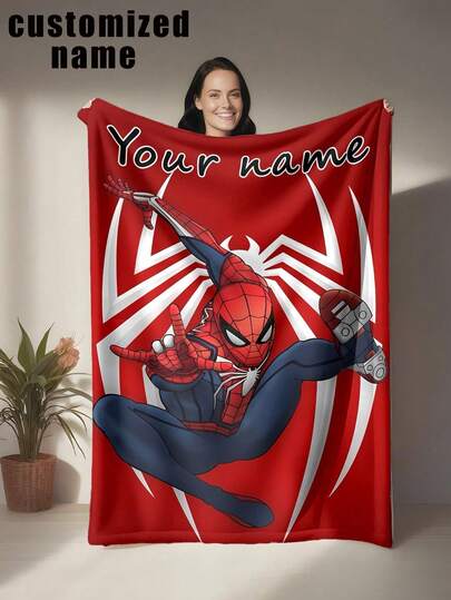 Marvel Customized Name Blanket With Unique Spider-Man Design, Versatile For Bed, Sofa, Car, Office, Camping & Travel, Soft, Comfortable, Lightweight, Warm For All Seasons, Easy Care
