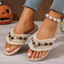 Women's Casual Flip Flops, Bohemian Beaded Round Toe Slip-On Sandals For Summer - Beige - View 6