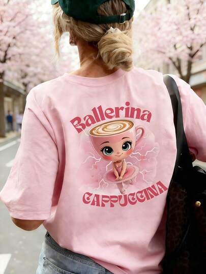 1pc Girls Casual Printed Round Neck Short Sleeve T-Shirt, Summer Student Young Children Clothing - The T-Shirt With Shanhaijing Character Print Brings Joy And Happiness To Every Child! Ballerina CAPPUCCINA