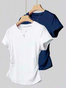 A Simple Solid-Color Short-Sleeved T-Shirt Set For Women, Suitable For Daily Wear And Easy To Match With Various Outfits. Includes 1 Piece - 白色 - 查看 1