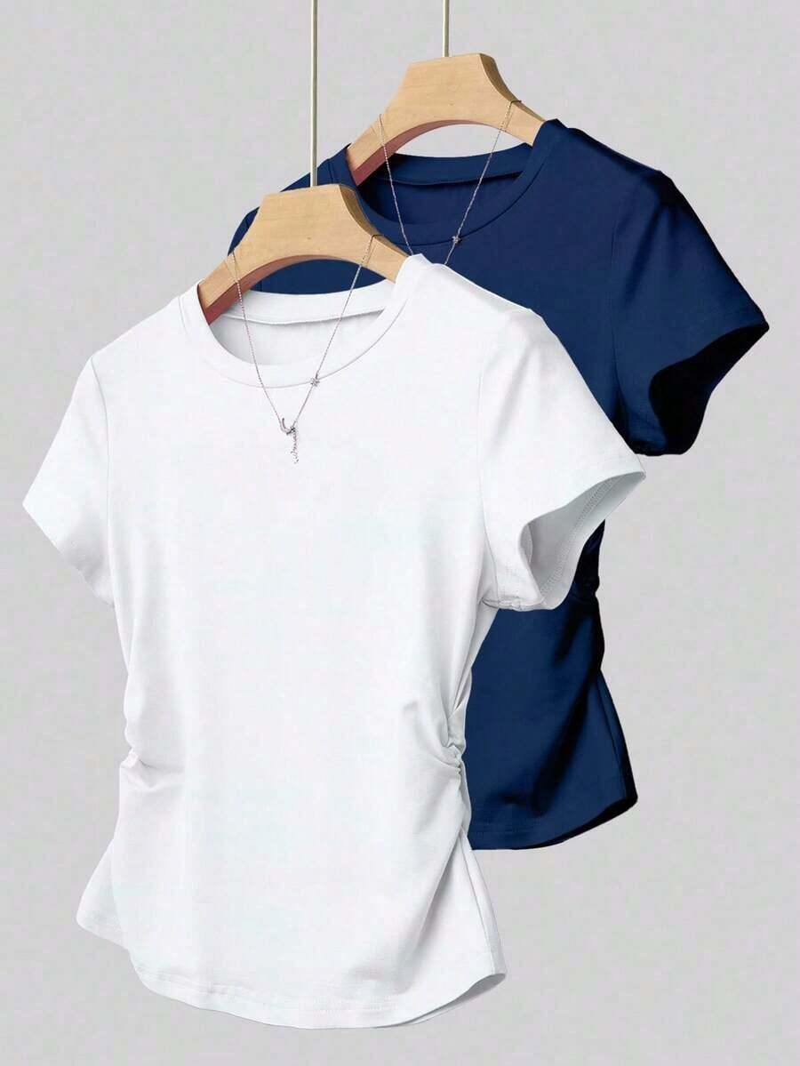 A Simple Solid-Color Short-Sleeved T-Shirt Set For Women, Suitable For Daily Wear And Easy To Match With Various Outfits. Includes 1 Piece - 白色 - 查看 1