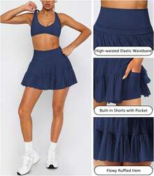 Women's Mini Skirt Skort Flowy Pleated High Waisted Ruffle Tennis Skirts For Women Athletic Skater Golf With Shorts Pockets - 藏蓝色 - 查看 4