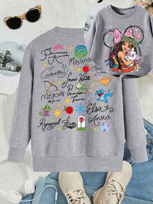 This Disney Girls' Sweatshirt Features A Creative Double-Sided Print Of The Moana Princess Lettering And Cartoon. It's A Round Neck Sweatshirt Perfect For Autumn And Winter, Made Of Soft And Comfortable Fabric, Suitable For Everyday Wear, Shopping, School, And Casual Occasions. It Also Makes A Wonderful Gift. - Grey - View 1
