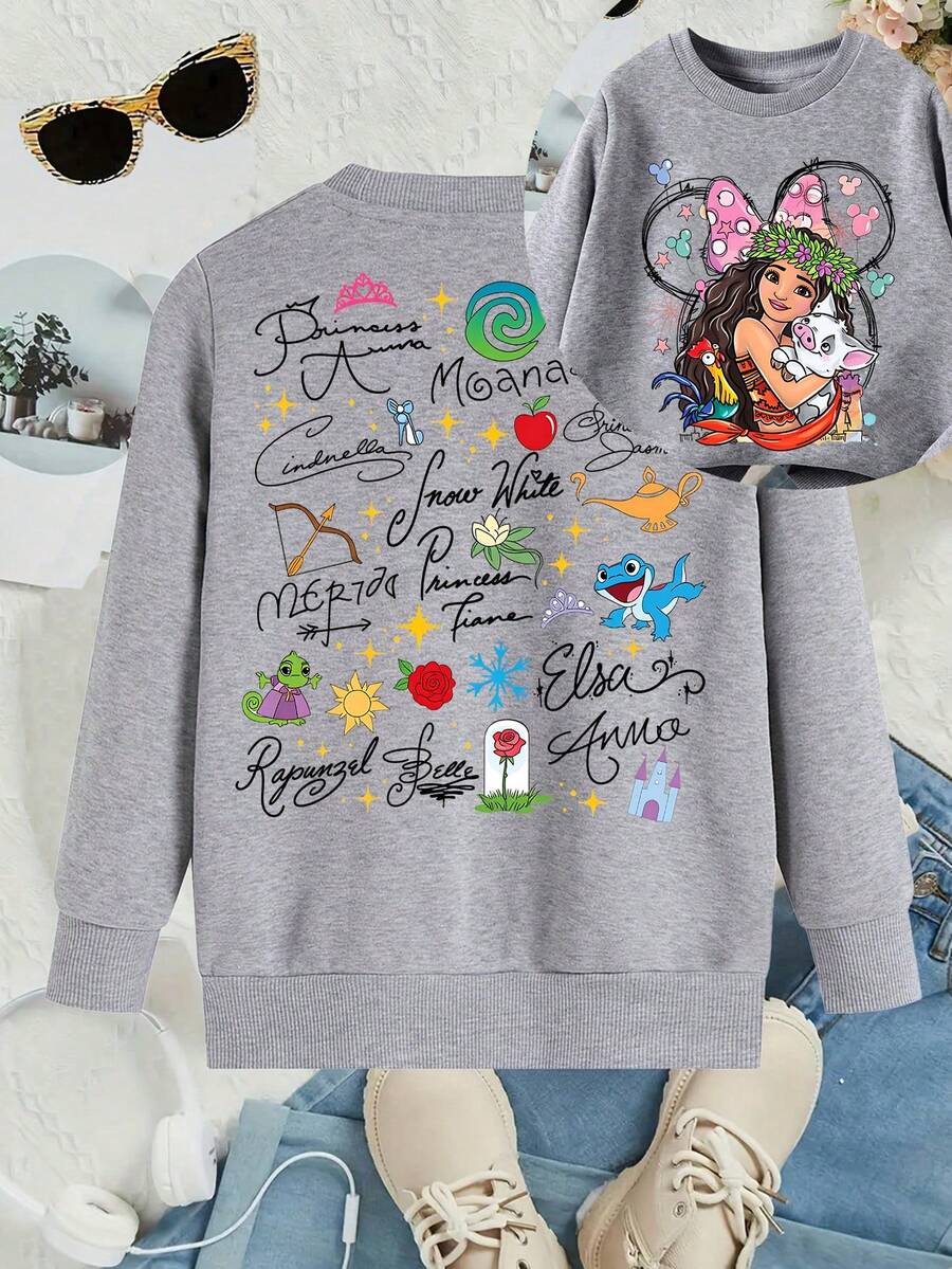 This Disney Girls' Sweatshirt Features A Creative Double-Sided Print Of The Moana Princess Lettering And Cartoon. It's A Round Neck Sweatshirt Perfect For Autumn And Winter, Made Of Soft And Comfortable Fabric, Suitable For Everyday Wear, Shopping, School, And Casual Occasions. It Also Makes A Wonderful Gift. - Grey - View 1