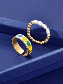 2 Pcs Dainty Faux Pearl Beads Elastic And Heart Pattern Gold Finger Rings Party Daily Holiday Accessories Jewelry - Multicolor - View 3
