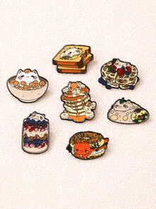 7pcs Cartoon Food & Cat Brooches, Creative Cute Food Bread Sandwich Hamburger Animal Cat Shape Metal Badge Clothing Bag Scarf Accessories - Multicolor - View 10