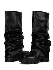 Pleated Women Fold Over Boots Punk Gothic Platform Mid Calf Chunky High Heel Platform Cool Fashion Motorcycle Boots - màu đen - Xem 5