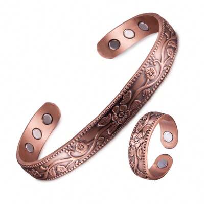 Vinterly Magnetic Pure Copper Jewelry-Set Adjustable Bracelet Ring Vintage Flower Health Energy Arthritis
