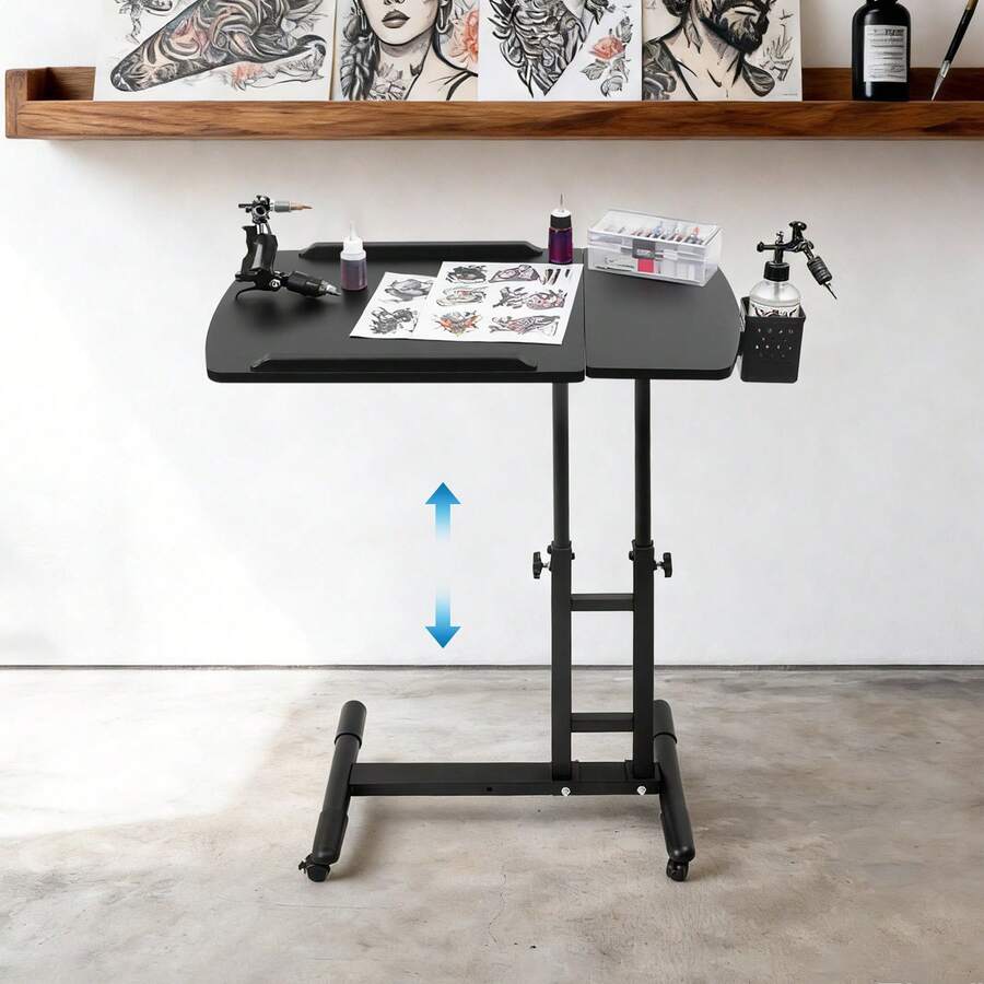 RibasuBB Portable Tattoo Workbench With Adjustable Height, Universal Wheels, Double Work Surface, And Removable Pen Frame For Tattoo Artists - Black - View 1
