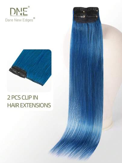 DNE HAIR Colored Clip In Hair Extensions 100% Real Human Hair Color BLUE# 2Pcs With 4 Clips Straight Highlight Colorful Hairpieces Rainbow Hair Extension For All Hair Types & Fashion Lovers
