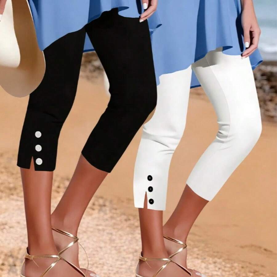 Womens Pull-On PantBusiness Casual Pants Women'S Stylish Solid Color Capri Pants With Button Details - Medium Elasticity, Machine Washable, All-Season Casual Wear For Adults, Comfortable Leisurewear | Sleek Capri Pants | Stretchable Fabric, Capri Leggings - 黑色 - 查看 1