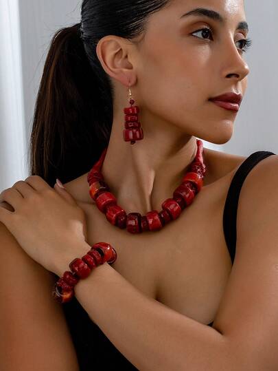 1 pieza/4 piezas Conjunto de joyas vintage bohemio exagerado con cuentas de coral rojo de resina, aretes, pulsera, collar. Joyería elegante y de alta gama adecuada para mujeres, apta para banquetes, fiestas, vacaciones, uso diario, regalo para mujeres